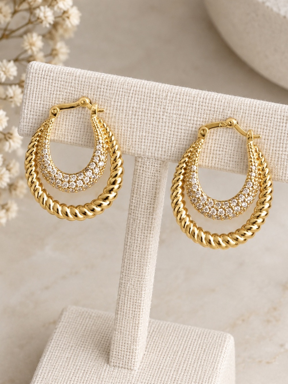Gold-Tone 925 Double Hoop Pavé Drop Earrings - Women Jewelry